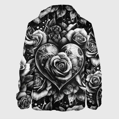 Мужская куртка 3D с принтом Черно белое сердце и розы, вид сзади #1