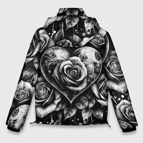 Мужская зимняя куртка 3D с принтом Черно белое сердце и розы, вид сзади #1