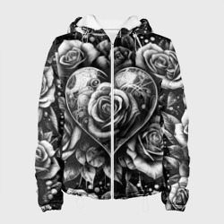 Женская куртка 3D  Черно белое сердце и розы 