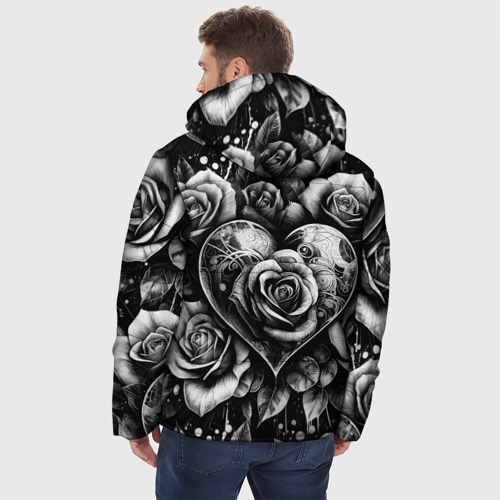 Мужская зимняя куртка 3D с принтом Черно белое сердце и розы, вид сзади #2
