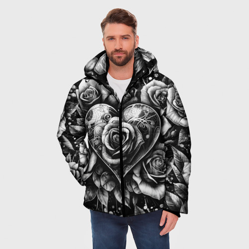 Мужская зимняя куртка 3D с принтом Черно белое сердце и розы, фото на моделе #1