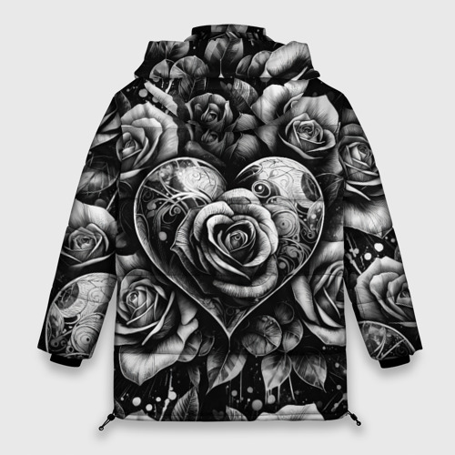 Женская зимняя куртка 3D с принтом Черно белое сердце и розы, вид сзади #1