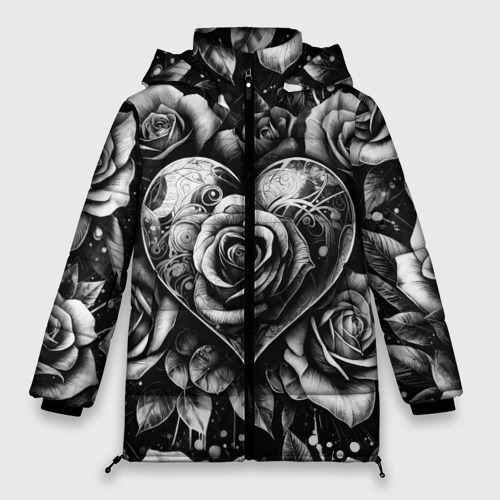 Женская зимняя куртка 3D с принтом Черно белое сердце и розы, вид спереди #2