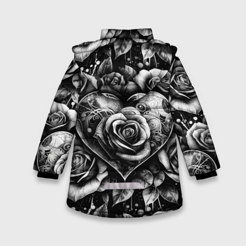 Зимняя куртка для девочек 3D с принтом Черно белое сердце и розы, вид сзади #1