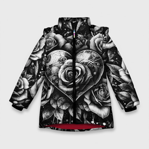 Зимняя куртка для девочек 3D с принтом Черно белое сердце и розы, вид спереди #2