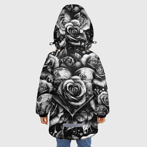 Зимняя куртка для девочек 3D с принтом Черно белое сердце и розы, вид сзади #2