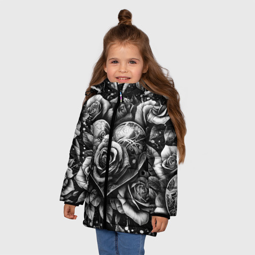 Зимняя куртка для девочек 3D с принтом Черно белое сердце и розы, фото на моделе #1