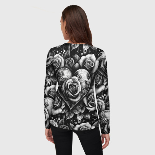 Женский лонгслив 3D с принтом Черно белое сердце и розы, вид сзади #2