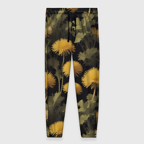 Женские брюки с принтом Желтые одуванчики - полевые цветы, вид спереди №1