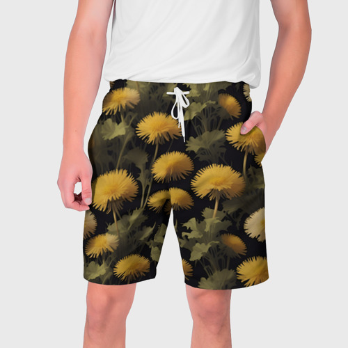 Мужские шорты с принтом Желтые одуванчики - полевые цветы, вид спереди №1
