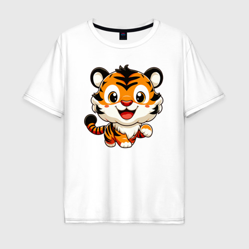 Мужская футболка из хлопка оверсайз с принтом Бегущий тигрёнок, вид спереди №1