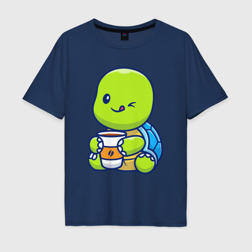 Мужская футболка хлопок Oversize с принтом Черепашка с кофе, вид спереди #2
