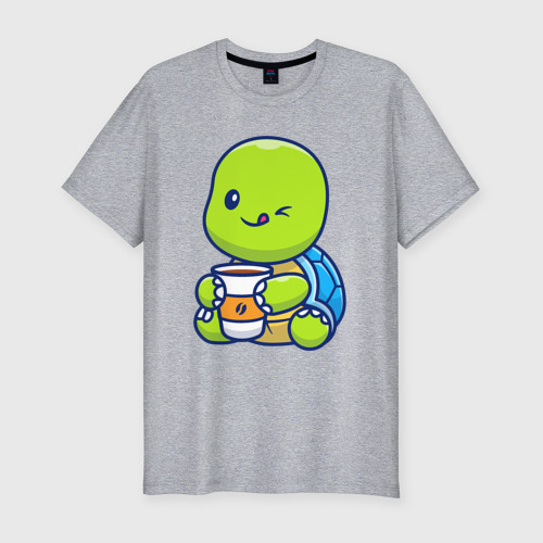 Мужская футболка хлопок Slim с принтом Черепашка с кофе, вид спереди #2