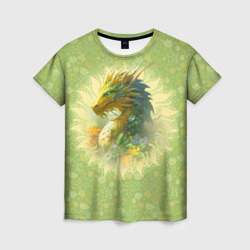 Зеленый дракон на цветочной поляне – Женская футболка 3D с принтом купить со скидкой в -26%