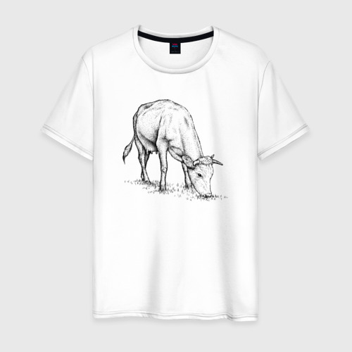 Мужская футболка из хлопка с принтом Корова ест траву, вид спереди №1