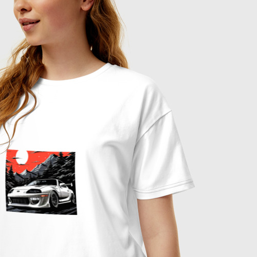 Женская футболка хлопок Oversize Тойота Супра в горах в алом закате, цвет белый - фото 3
