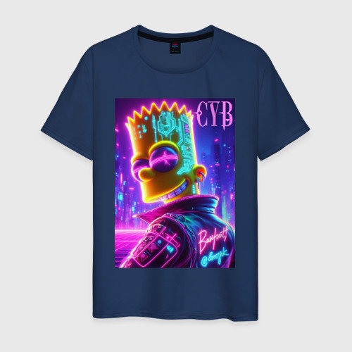 Мужская футболка хлопок Cyber Bart - neon glow, цвет темно-синий