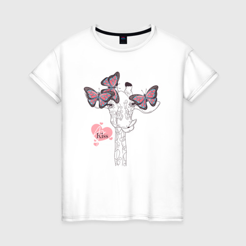 Женская футболка хлопок с принтом Бабочки и жираф, вид спереди #2