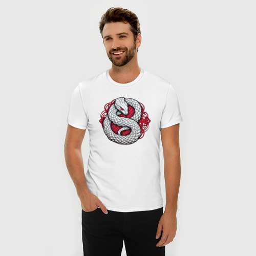 Мужская футболка хлопок Slim с принтом Белая кельтская змея, фото на моделе #1