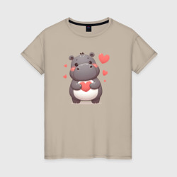 Женская футболка хлопок Милый бегемотик с сердечками