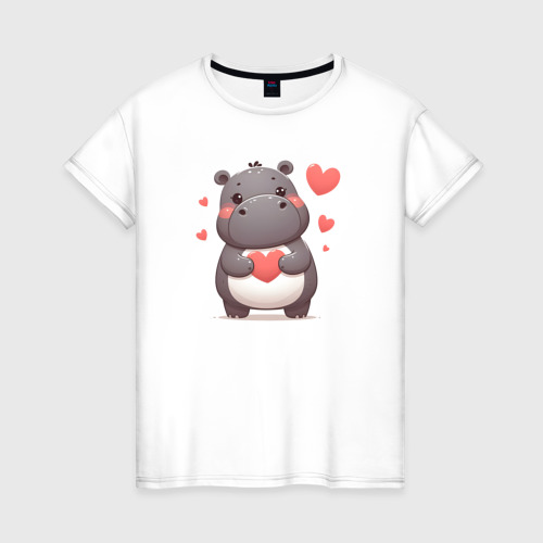 Женская футболка из хлопка с принтом Милый бегемотик с сердечками, вид спереди №1