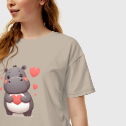 Женская футболка хлопок Oversize Милый бегемотик с сердечками - фото 2