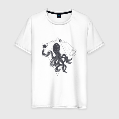 Мужская футболка хлопок с принтом Космический осьминог с планетами, вид спереди #2