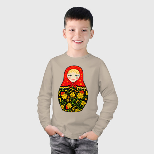 Детский лонгслив хлопок с принтом Матрёшка в хохломской росписи, фото на моделе #1
