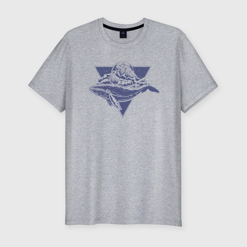 Мужская футболка хлопок Slim Летающий кит, горы и луна, цвет меланж