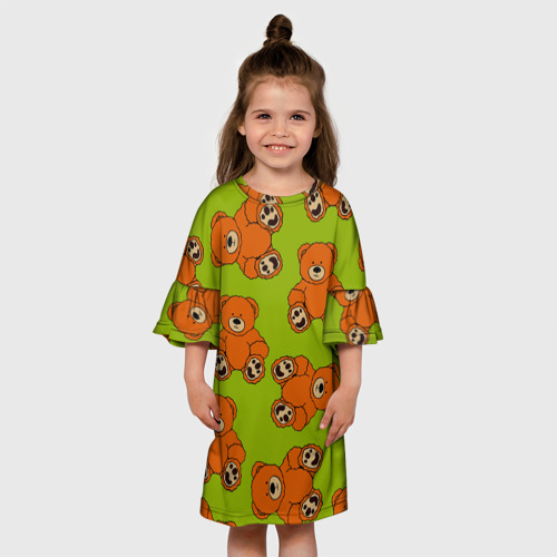 Детское платье 3D с принтом Плюшевые мишки на зеленом фоне, вид сбоку #3