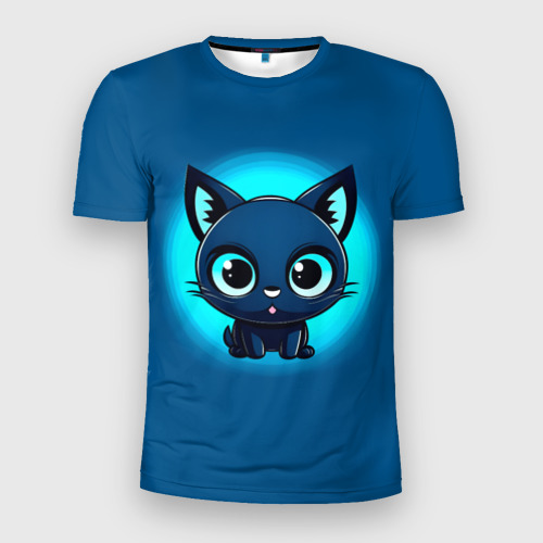 Мужская футболка 3D Slim с принтом Котёнок на синем, вид спереди #2