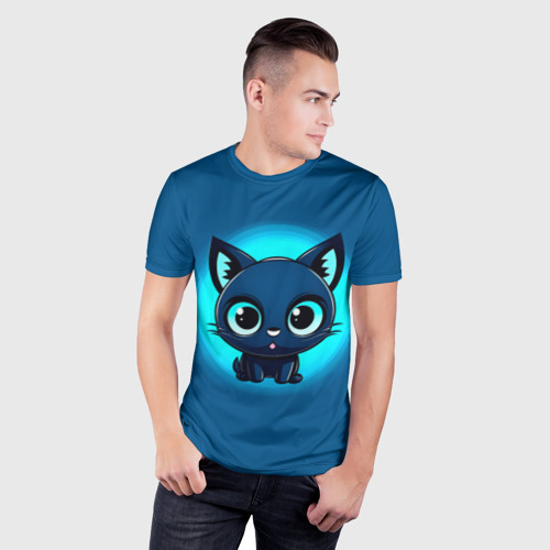 Мужская футболка 3D Slim с принтом Котёнок на синем, фото на моделе #1