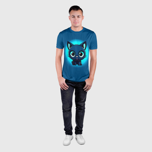 Мужская футболка 3D Slim с принтом Котёнок на синем, вид сбоку #3