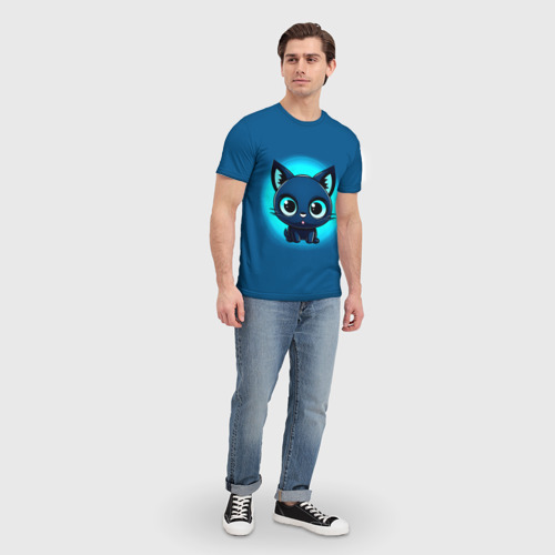 Мужская футболка 3D с принтом Котёнок на синем, вид сбоку #3