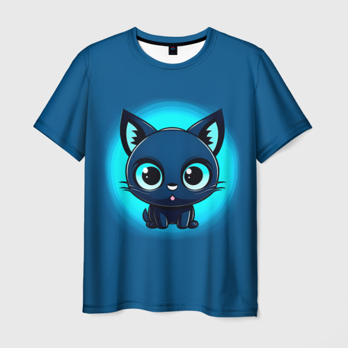 Мужская футболка 3D с принтом Котёнок на синем, вид спереди #2