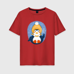 Женская футболка хлопок Oversize Пингвин со снежинкой
