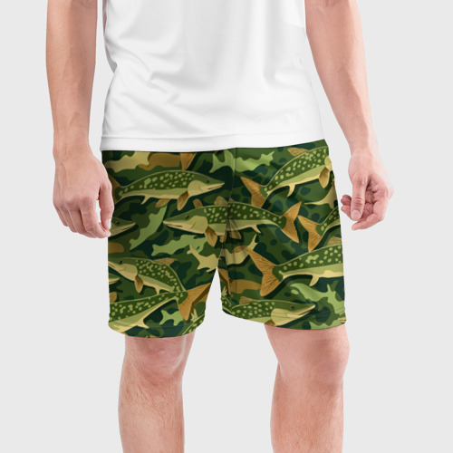 Мужские шорты спортивные Камуфляж рыболова - рыба щука, цвет 3D печать - фото 3