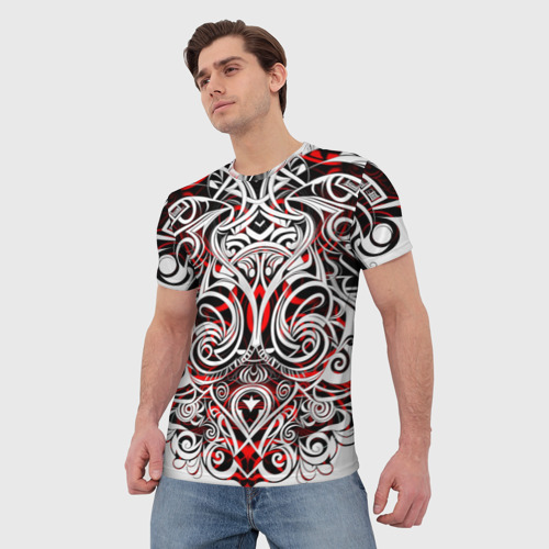 Мужская футболка 3D Чёрно красные трайбл узоры , цвет 3D печать - фото 3