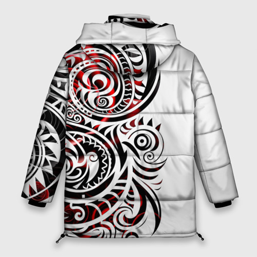 Женская зимняя куртка 3D с принтом Трайбл тату узоры, вид сзади #1