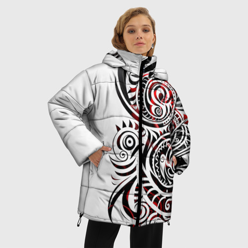 Женская зимняя куртка 3D с принтом Трайбл тату узоры, фото на моделе #1