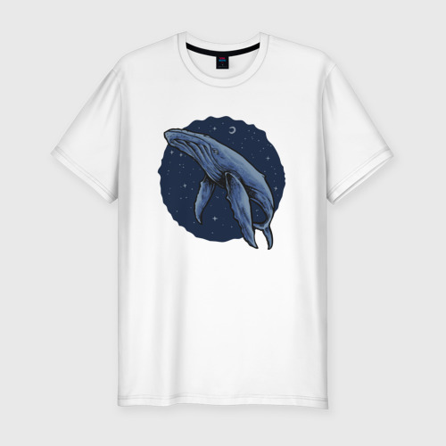 Мужская футболка хлопок Slim Синий кит в космосе, цвет белый
