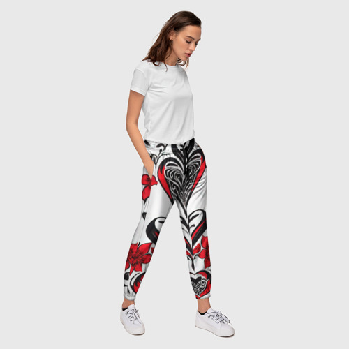 Женские брюки 3D с принтом Красный узор сердце, вид сбоку #3