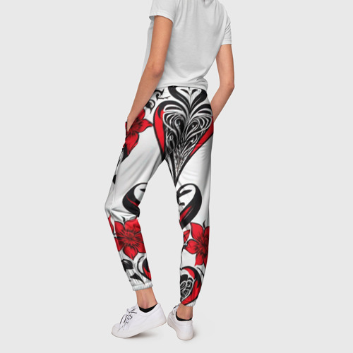 Женские брюки 3D с принтом Красный узор сердце, вид сзади #2