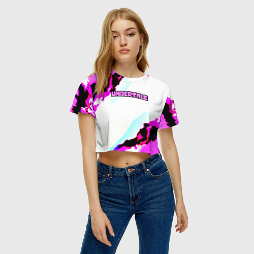 Женская футболка Crop-top 3D Undertaile неоновые розовые краски лого, цвет 3D печать - фото 4