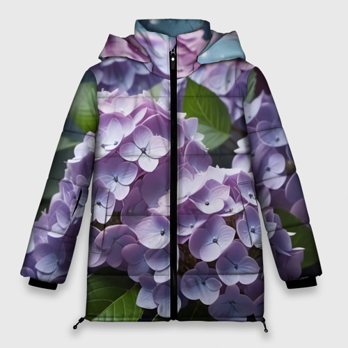 Женская зимняя куртка 3D с принтом Гортензии садовые, вид спереди #2