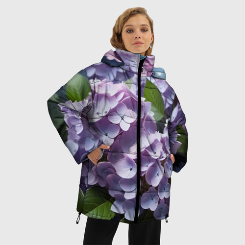 Женская зимняя куртка 3D с принтом Гортензии садовые, фото на моделе #1