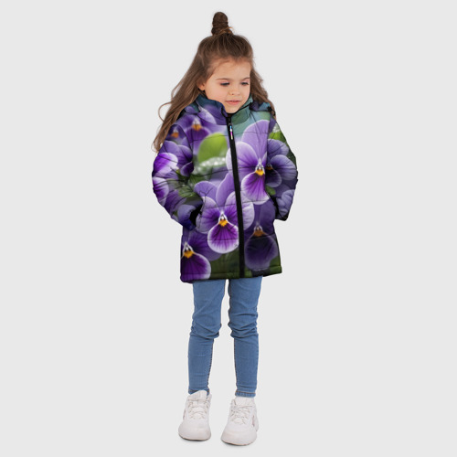 Зимняя куртка для девочек 3D с принтом Сиреневые анютины глазки, вид сбоку #3