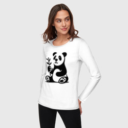 Лонгслив с принтом Сидящая панда с бамбуком в лапе для женщины, вид на модели спереди №2. Цвет основы: белый