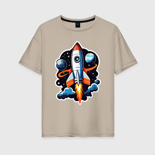 Женская футболка хлопок Oversize Ракета в пространстве, цвет миндальный