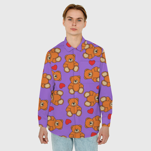 Мужская рубашка oversize 3D с принтом Игрушечные мишки и сердца, фото на моделе #1